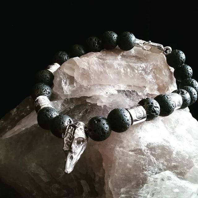 sterling silver raven head and lava bead bracelet